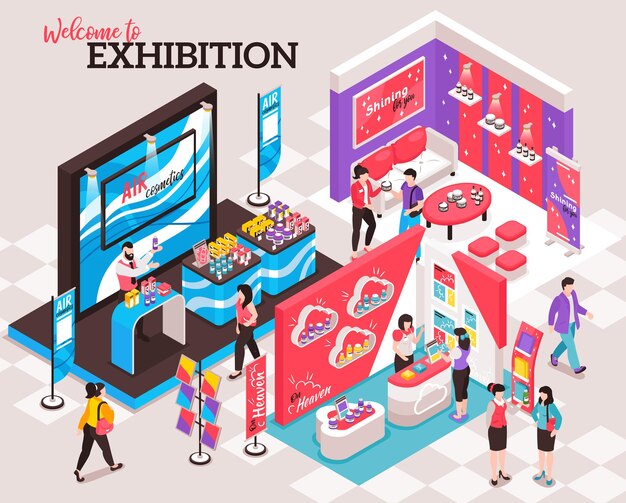 Concepto de diseño de stand de exposición isométrica de ilustración de diseño de stand de exposición