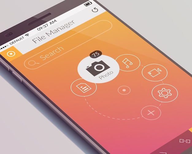 Concepto de diseño de teléfono realista con pantalla táctil y aplicación de interfaz de usuario móvil aislada