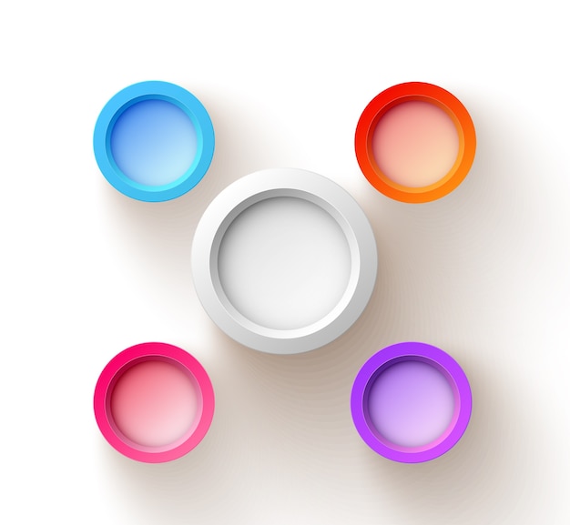 Concepto de diseño web abstracto con cinco coloridos botones redondos en blanco sobre blanco aislado