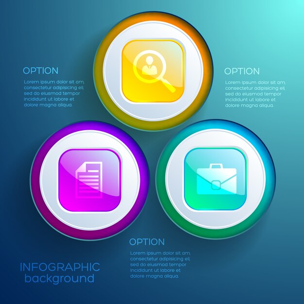 Concepto de diseño web de infografía empresarial con tres opciones de iconos y botones de colores brillantes aislados