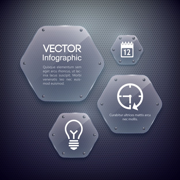 Concepto de diseño web infográfico con iconos y hexágonos de vidrio