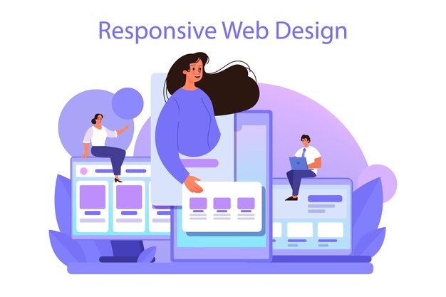 Concepto de diseño web receptivo Presentación de contenido adaptativo en diferentes páginas web Composición del diseño del sitio web y desarrollo del color Ilustración vectorial plana