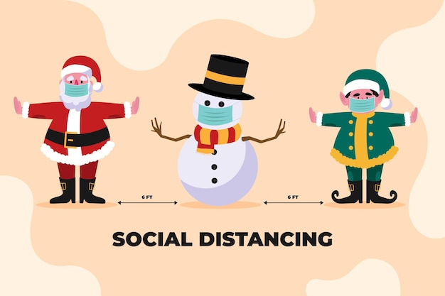 Vector gratuito concepto de distanciamiento social entre un grupo de personajes navideños