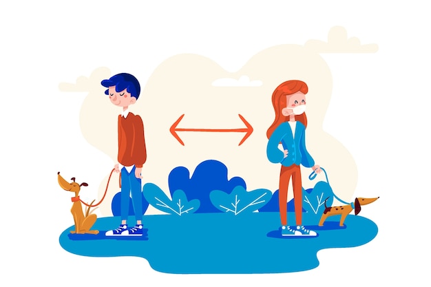 Concepto de distanciamiento social pasear al perro