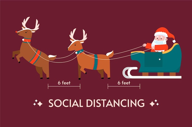 Concepto de distanciamiento social con personajes navideños