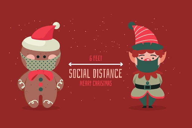 Vector gratuito concepto de distanciamiento social con personajes navideños