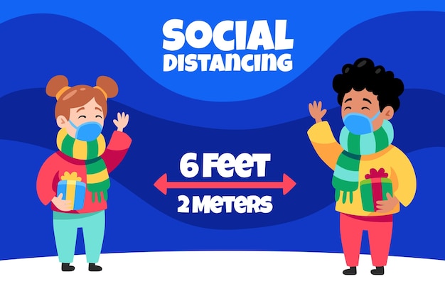 Vector gratuito concepto de distanciamiento social con personajes navideños