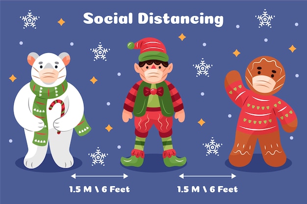 Concepto de distanciamiento social con personajes navideños