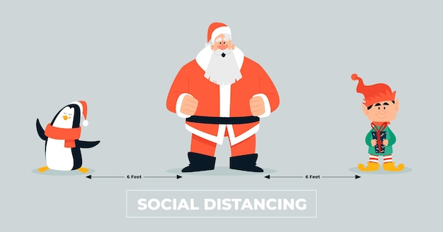 Concepto de distanciamiento social con personajes navideños