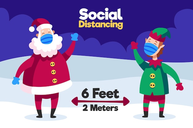 Concepto de distanciamiento social con santa y elfo.