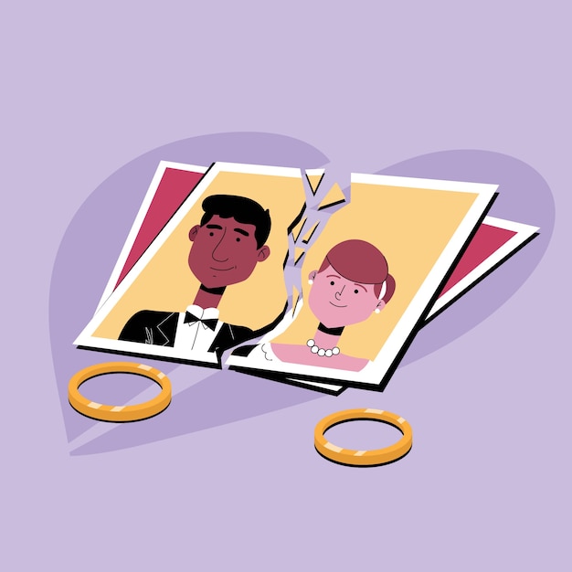 Concepto de divorcio con fotos y anillos de boda.