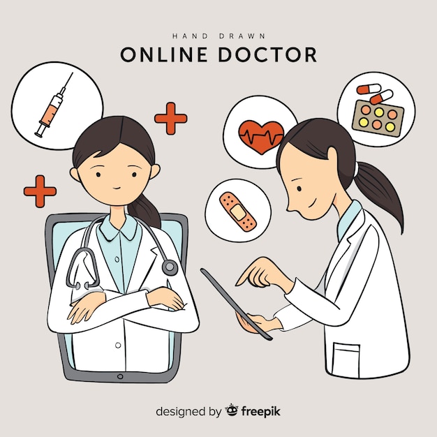 Concepto de doctor online dibujado a mano