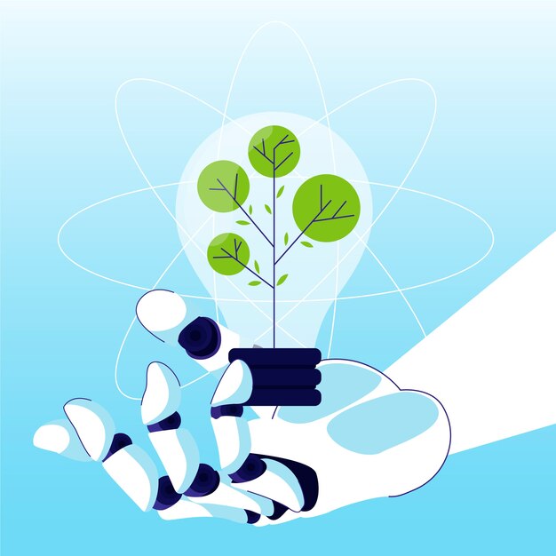 Concepto de ecología tecnológica con mano robot y bombilla