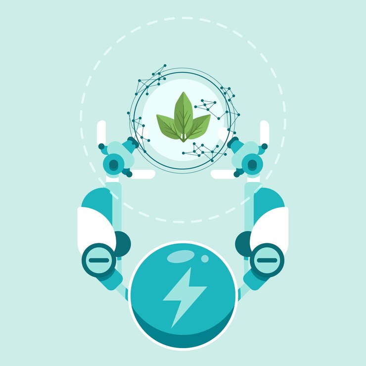 Vector gratuito concepto de ecología tecnológica con manos de robot y planta