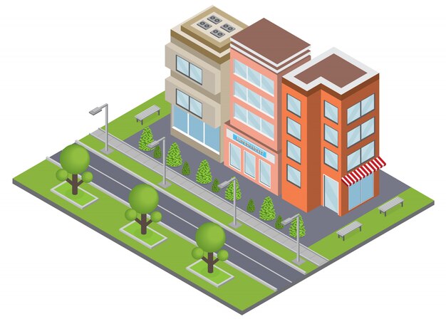 Concepto de edificios suburbia con bienes raíces y símbolos de propiedad isométricos