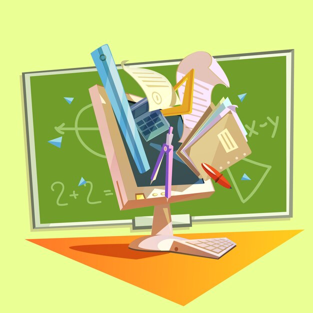 Concepto de educación con la escuela estudiando suministros en estilo retro