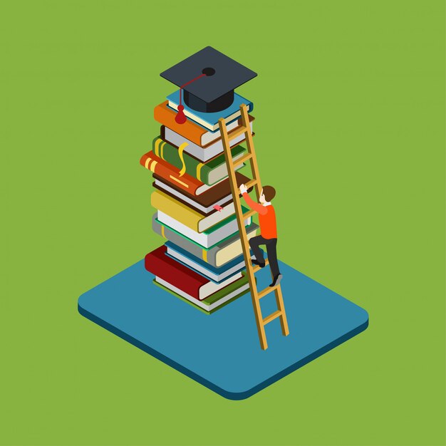 Concepto de educación graduación isométrica. La figura del hombre sube en la escalera sobre el montón de libros para llegar a la ilustración de la tapa graduada.