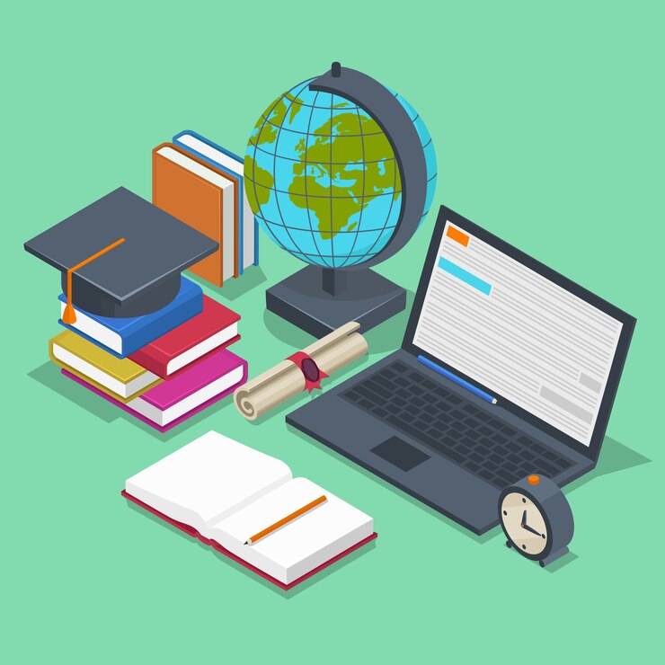 Vector gratuito concepto de educación isométrica. 3d fondo de regreso a la escuela en estilo plano. lápiz de objeto, elemento para lección, libro y portátil.