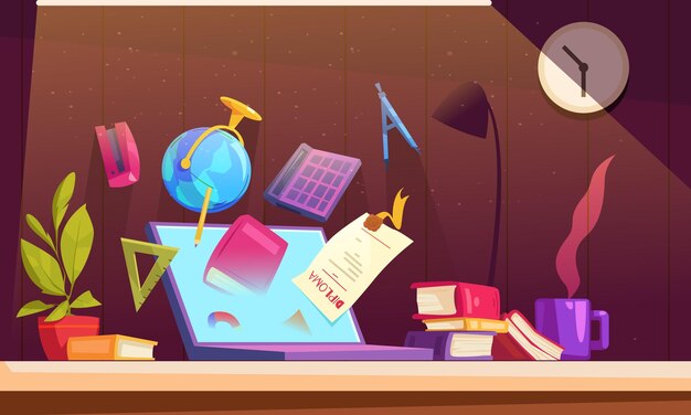 Concepto de educación en línea con computadora portátil y símbolos de aprendizaje a distancia ilustración vectorial