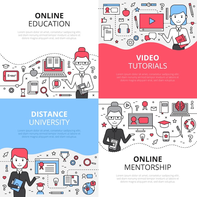 Vector gratuito concepto de educación en línea con tutoriales en video universidad a distancia y tutoría en línea