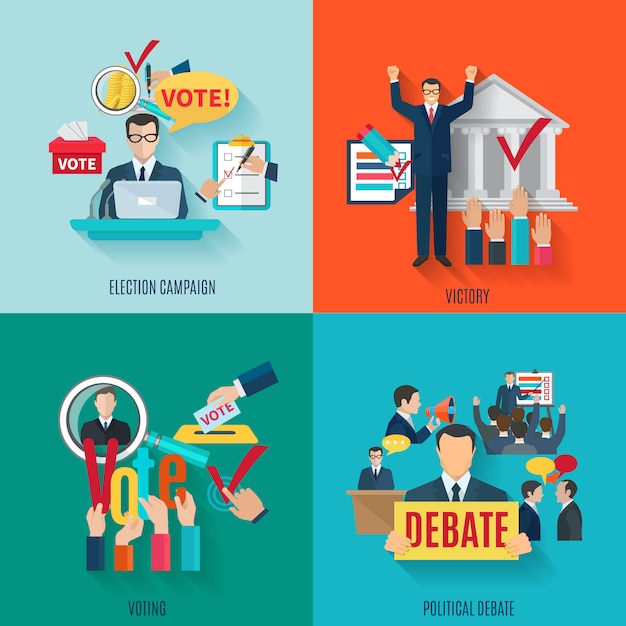 Concepto de elecciones con los iconos planos de votación y debate político