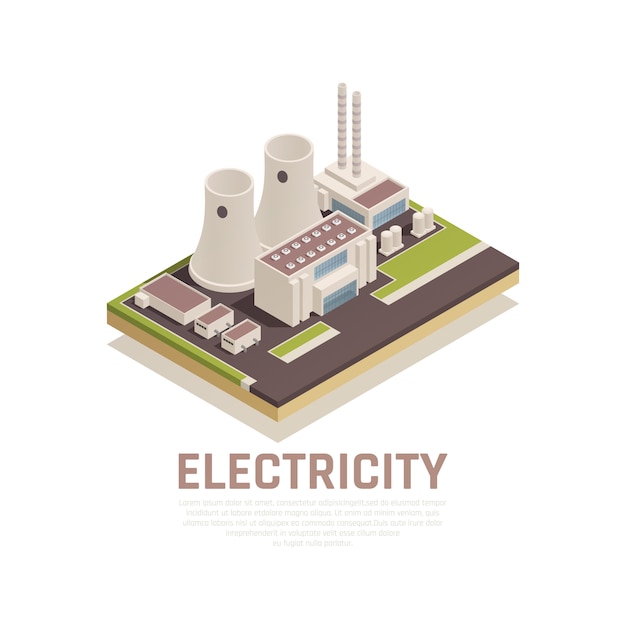 Concepto de electricidad con construcción de plantas y símbolos de la industria isométrica