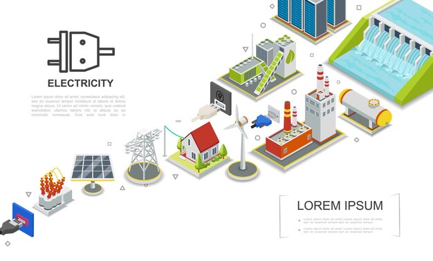 Concepto de electricidad isométrica con centrales hidroeléctricas y de combustible fábrica de energía de biomasa soporte de gas casa molino de viento panel solar transformador eléctrico ilustración