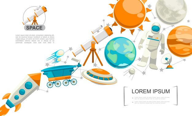 Concepto de elementos de espacio plano con telescopio cohete planetas tierra y marte satélite ovni sol luna cometas rover lunar