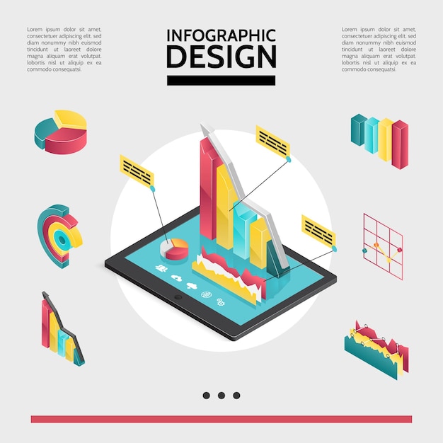 Vector gratuito concepto de elementos de infografía isométrica con diagramas gráficos y tablas en la ilustración de la pantalla de la tableta