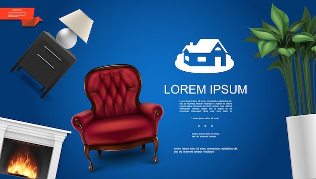 Concepto de elementos interiores clásico realista con chimenea, cómodo sillón, planta de interior, luz de noche, mesita de noche sobre fondo azul