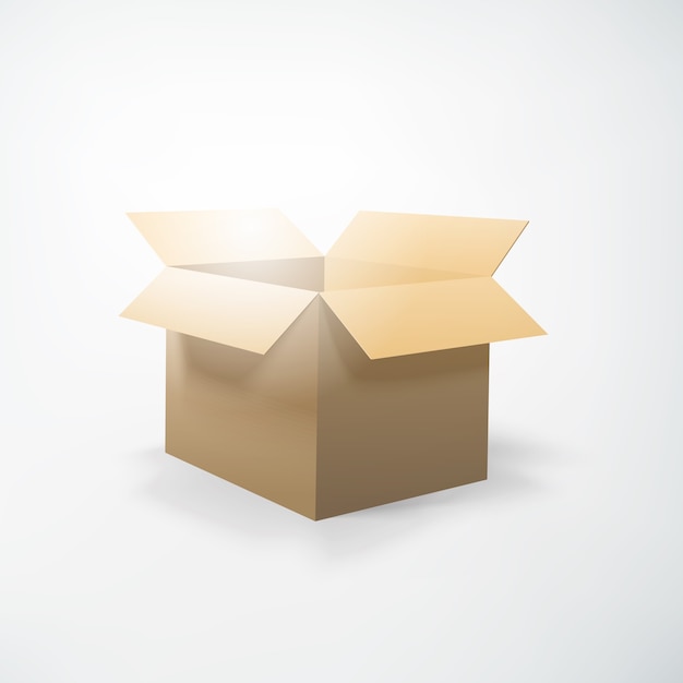 Concepto de embalaje realista con caja de cartón de apertura en blanco aislado