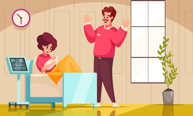 Concepto de embarazo y maternidad con ilustración de vector de dibujos animados de escena de parto de bebé