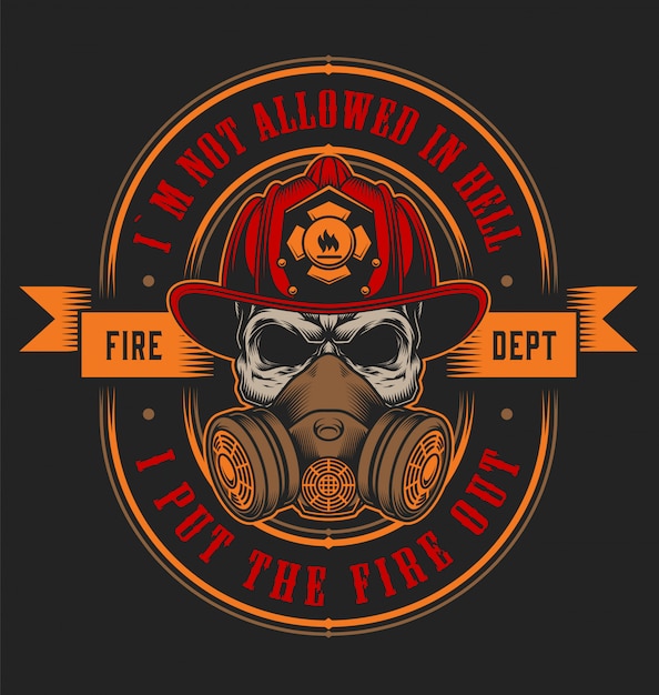 Concepto de emblema de extinción de incendios vintage con calavera en ilustración de casco de bombero