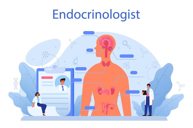 Concepto de endocrinólogo Examen de tiroides El médico examina la hormona y la glucosa Idea de salud y tratamiento médico Ilustración de vector plano aislado