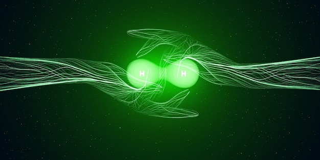 Concepto de energía de hidrógeno verde La molécula de H2 en las manos brilla sobre un fondo con estrellas