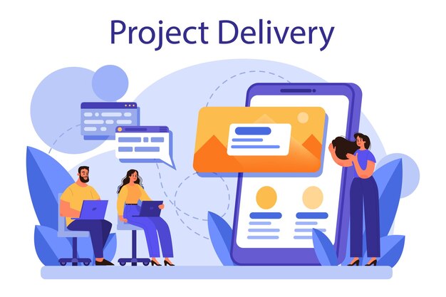 Concepto de entrega de proyectos empresariales Desarrollo y presentación de proyectos Idea de gestión de promoción de planificación de proyectos y marketing Ilustración de vector plano