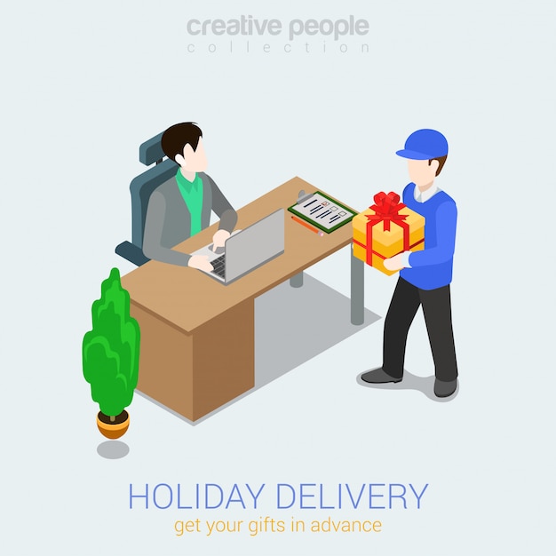 Vector gratuito concepto de entrega de regalo de vacaciones courier hombre dando cuadro actual al hombre ilustración isométrica