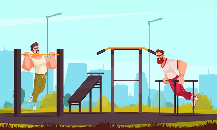 Vector gratuito concepto de entrenamiento de dibujos animados con hombres haciendo entrenamiento deportivo al aire libre ilustración vectorial