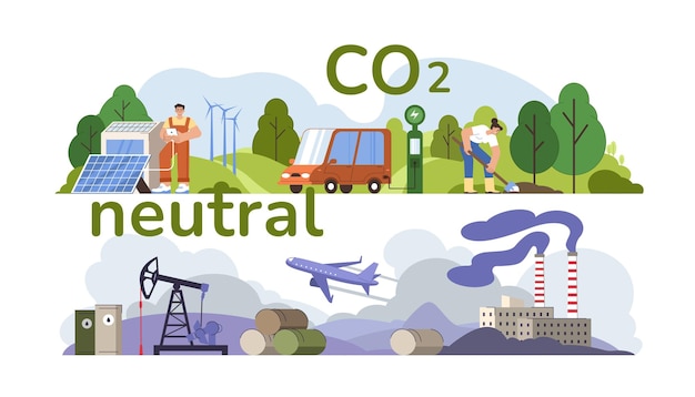 Concepto de equilibrio ecológico neutro en CO2 Las personas ayudan a salvar la neutralidad de carbono a compensar la contaminación del aire de las fábricas y la industria Los personajes protegen la atmósfera del smog y reducen las emisiones al medio ambiente