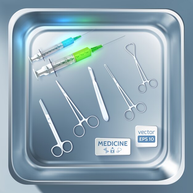 Concepto de equipo de cirugía con jeringas pinzas de bisturí tijeras en esterilizador de metal aislado
