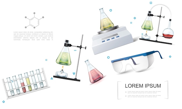 Concepto de equipo de investigación de laboratorio realista con tubos de ensayo, gafas protectoras, escalas electrónicas, experimentos de reacción química con matraces y quemador de alcohol