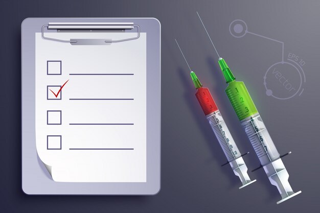 Concepto de equipo médico con jeringas hoja de papel del portapapeles en estilo realista aislado