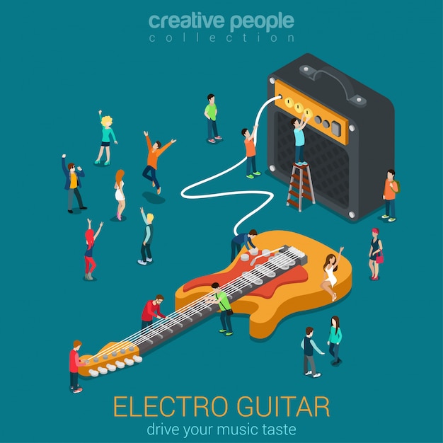 Vector gratuito concepto de equipo de música rock combo bajo eléctrico amplificador combo altavoz de audio y gente pequeña isométrica plana.