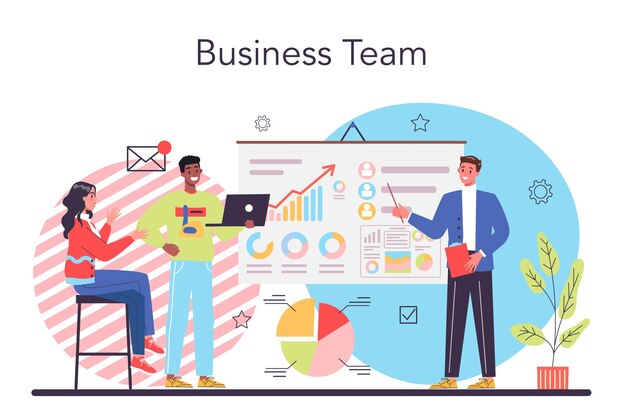 Concepto de equipo de negocios Idea de estrategia y logro en el trabajo en equipo Grupo de personas de formación de equipos que trabajan juntos para el desarrollo empresarial Comunicación y cooperación Ilustración plana vectorial