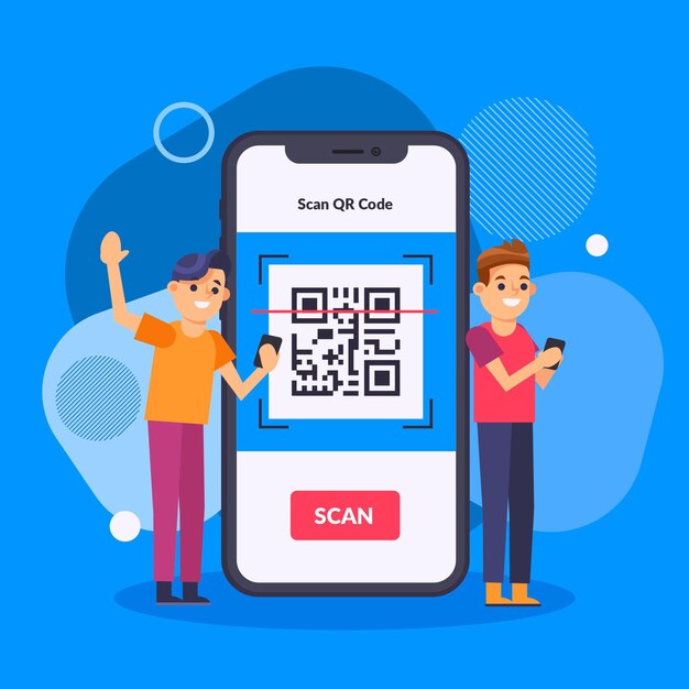 Concepto de escaneo de código Qr con caracteres ilustrados