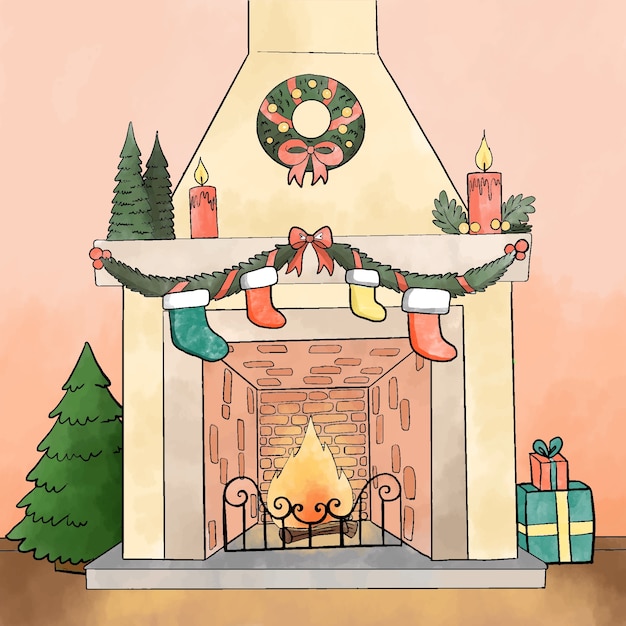 Concepto de escena de chimenea de Navidad en acuarela