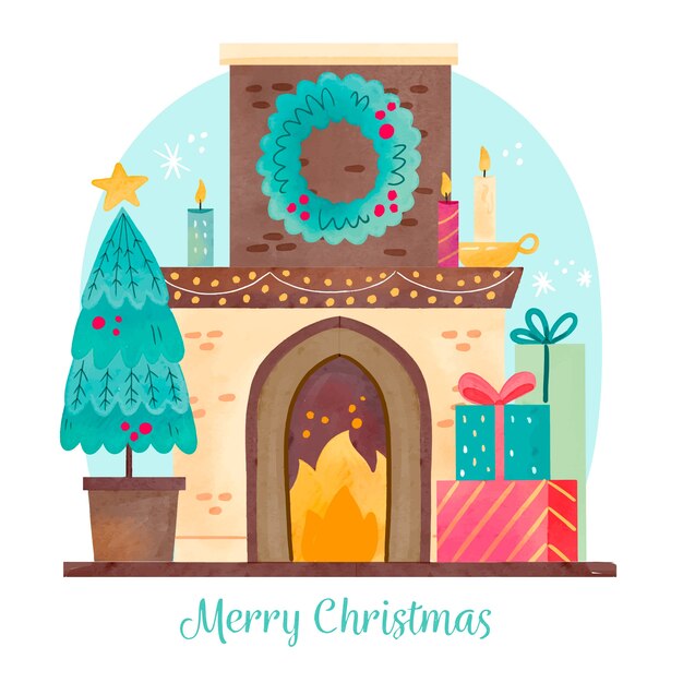 Concepto de escena de chimenea de Navidad en acuarela