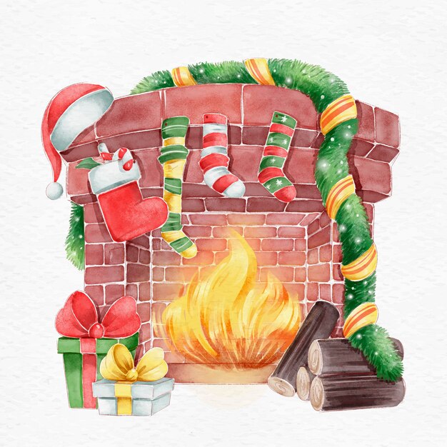 Concepto de escena de chimenea de Navidad en acuarela