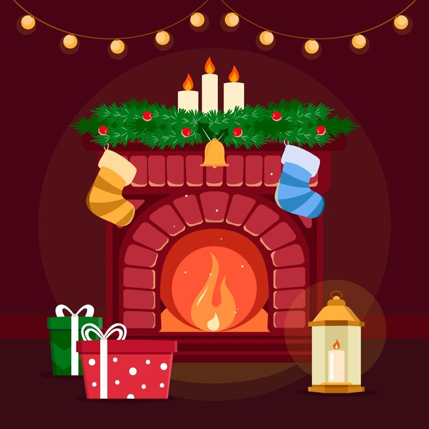 Concepto de escena de chimenea de Navidad en diseño plano