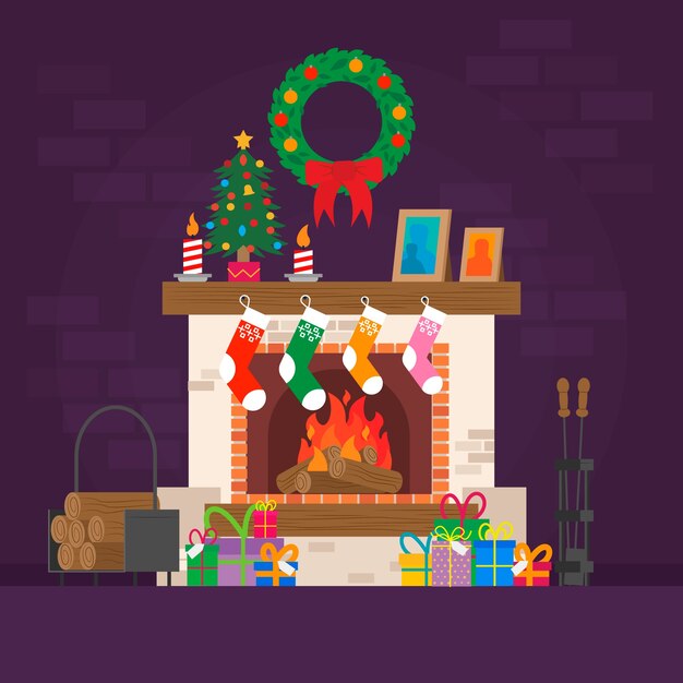 Concepto de escena de chimenea de Navidad en diseño plano